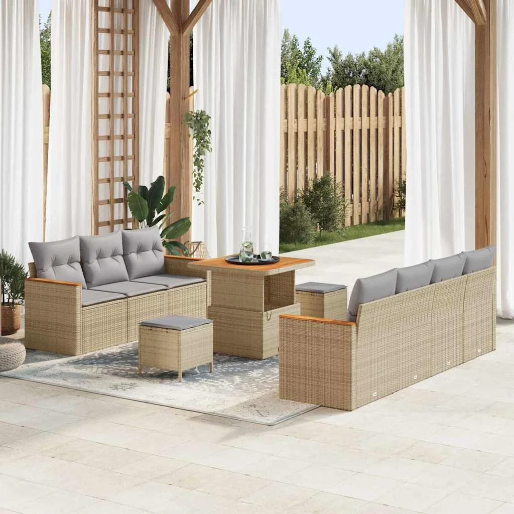 10 darabos kerti kanapé szett párnákkal, bézs polyrattan akác