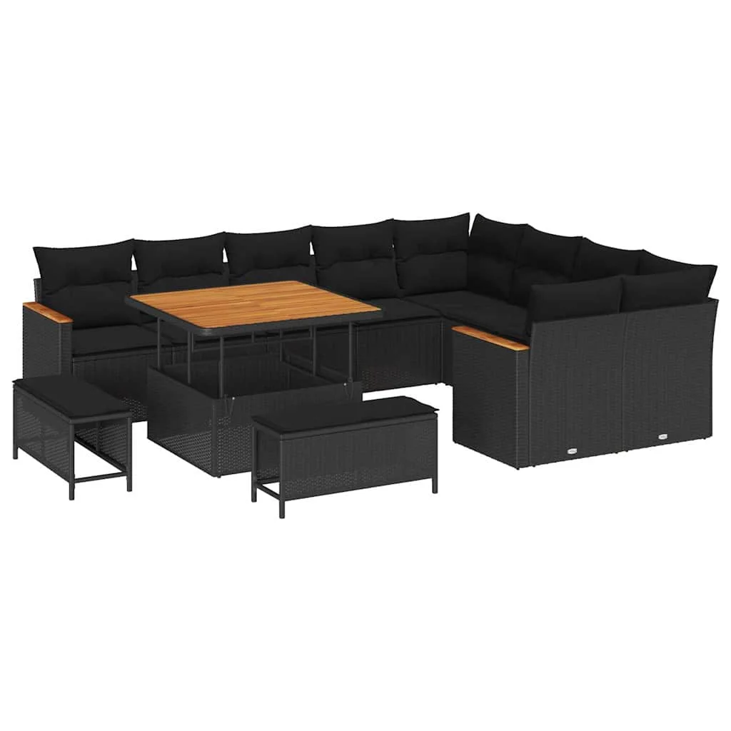 12 darabos kerti sofa szett párnákkal fekete poli rattan akácfa