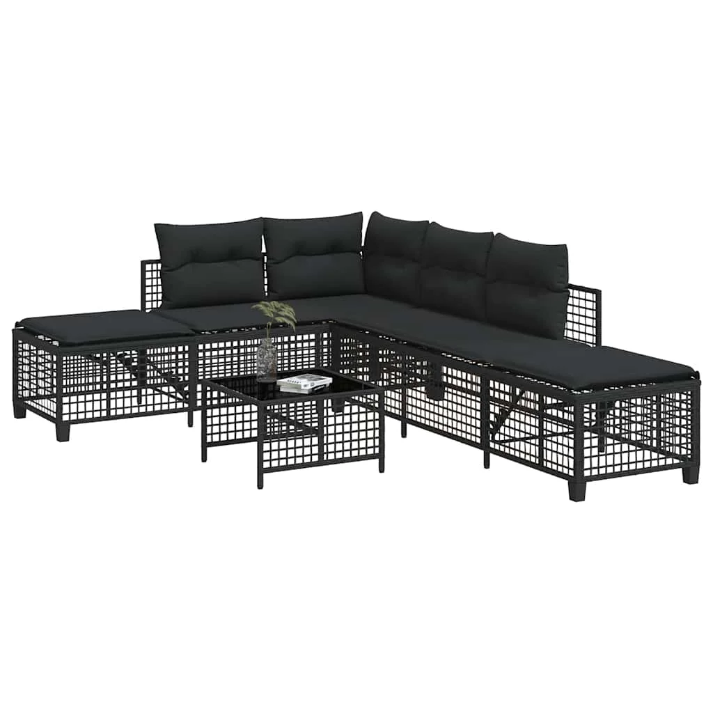 3 részes fekete polyrattan kerti sarokkanapé garnitúra párnával