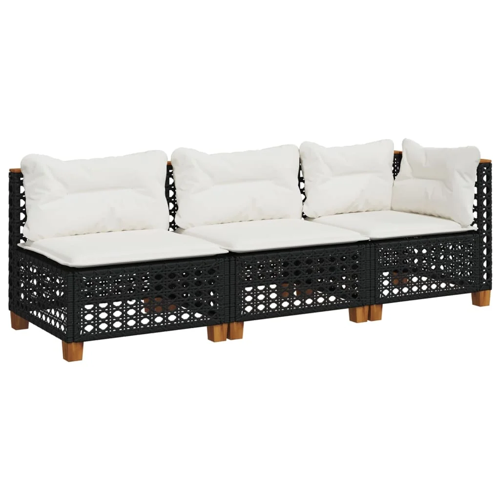 Fekete 3 személyes polyrattan kerti kanapé párnákkal