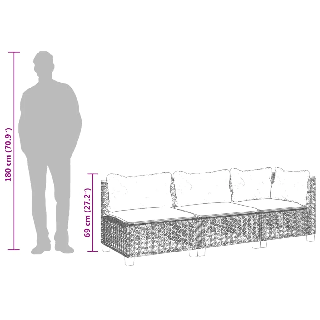 Fekete 3 személyes polyrattan kerti kanapé párnákkal
