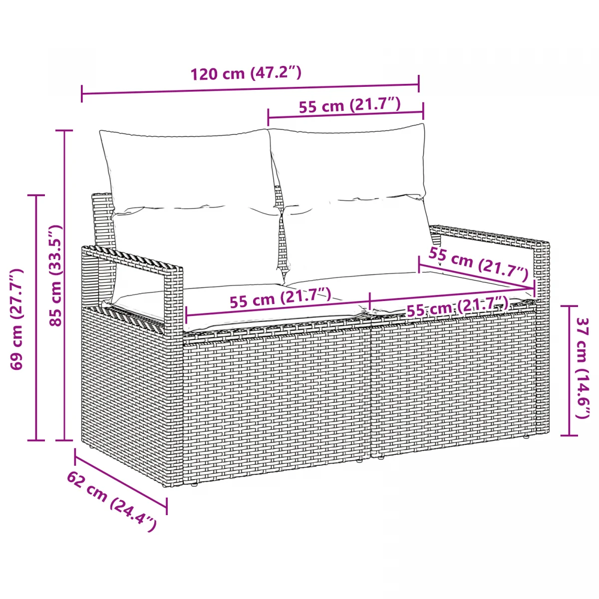 2-Fős Kerti Kanapé Párnákkal Szürke Polyrattan