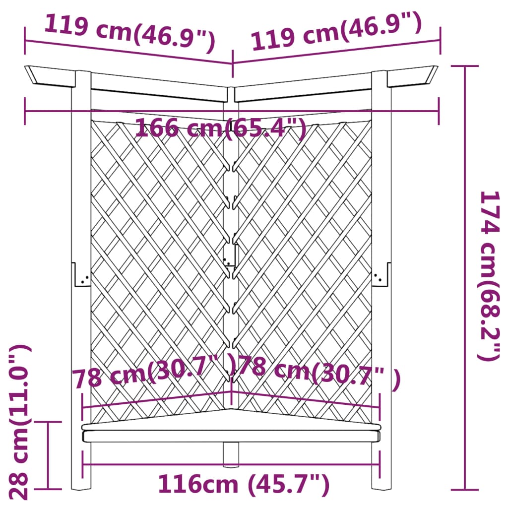 Impregnált fenyőfa sarokpergola paddal 166 x 81 x 174 cm