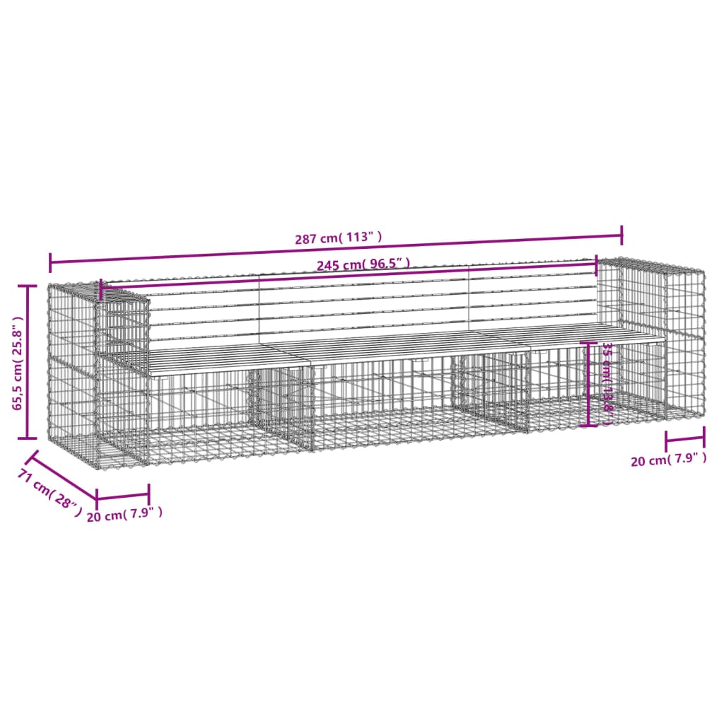 Tömör impregnált fenyőfa gabion kerti pad 287 x 71 x 65,5 cm