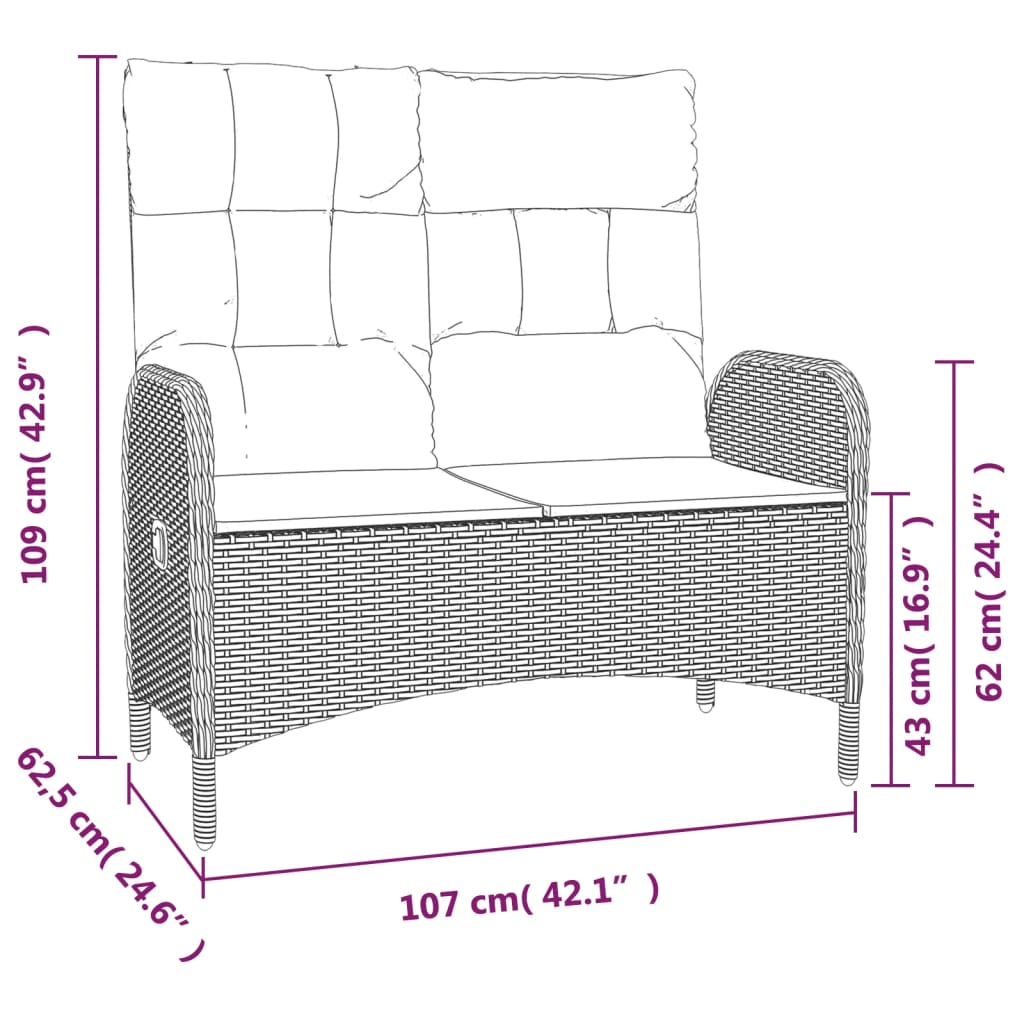 Szürke polyrattan dönthető kerti pad párnákkal 107 cm