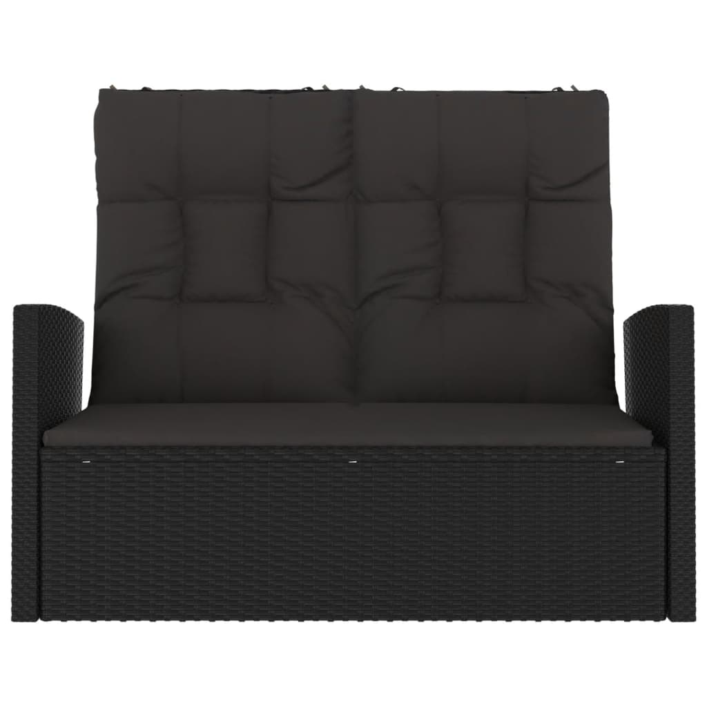 Fekete polyrattan dönthető kerti pad párnával 118 cm