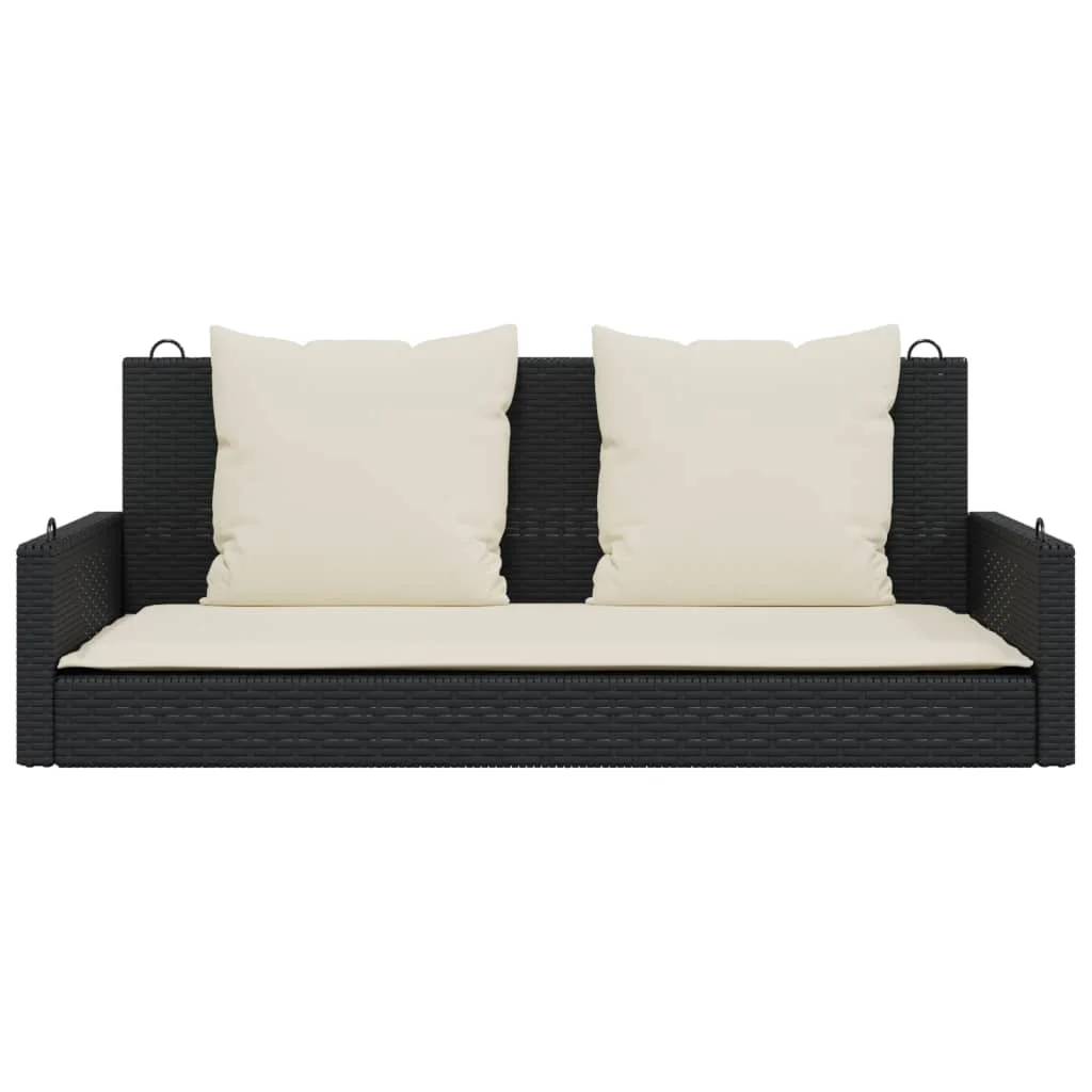 Fekete polyrattan hintapad párnával 119 x 56 x 48 cm