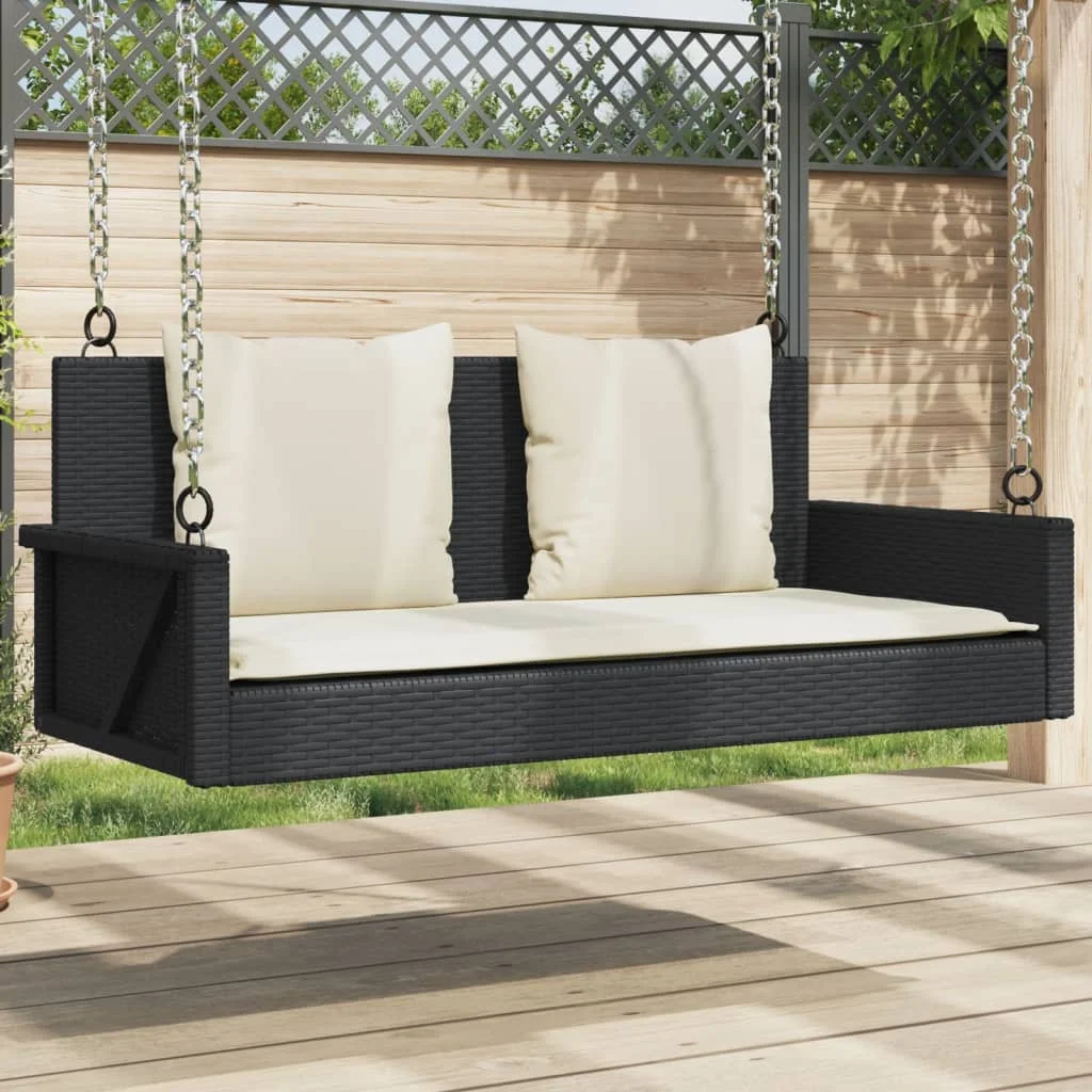 Fekete polyrattan hintapad párnával 119 x 56 x 48 cm