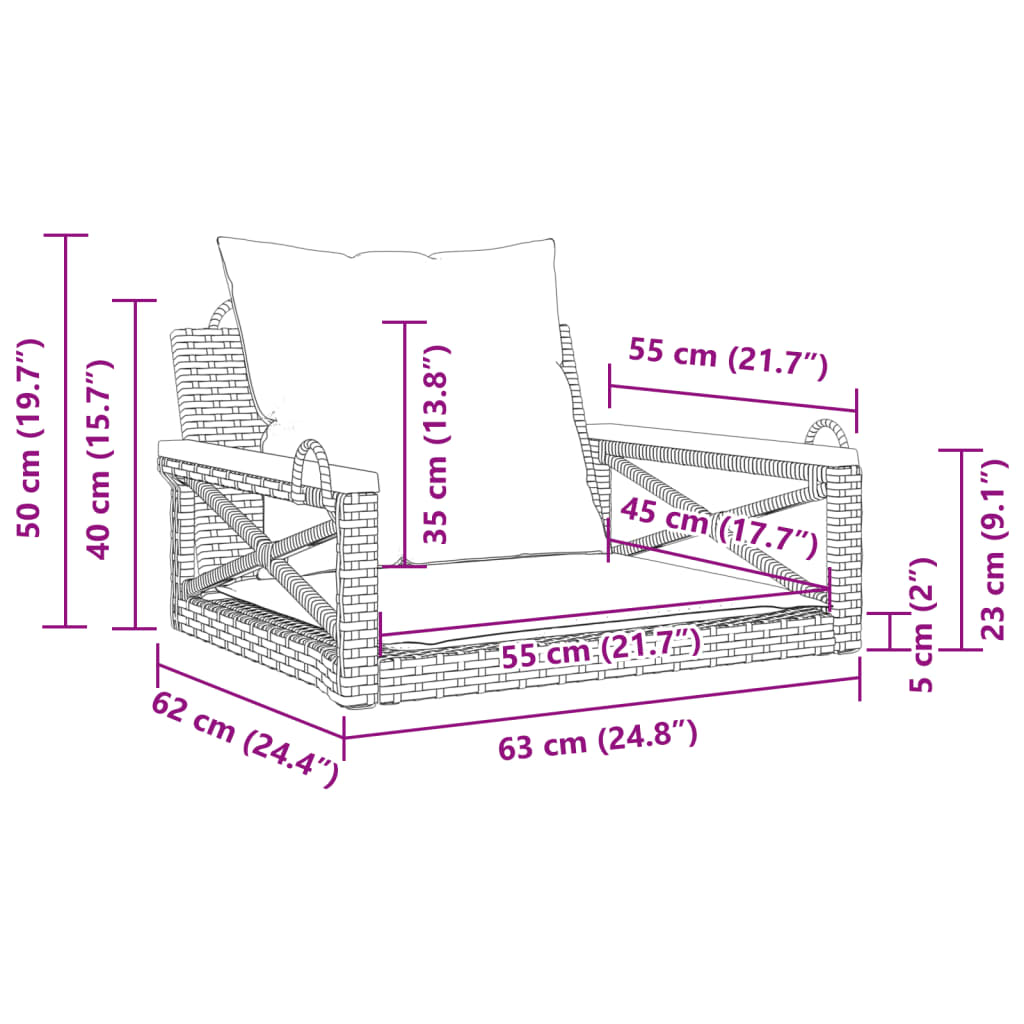 Szürke polyrattan hintapad párnákkal 63 x 62 x 40 cm