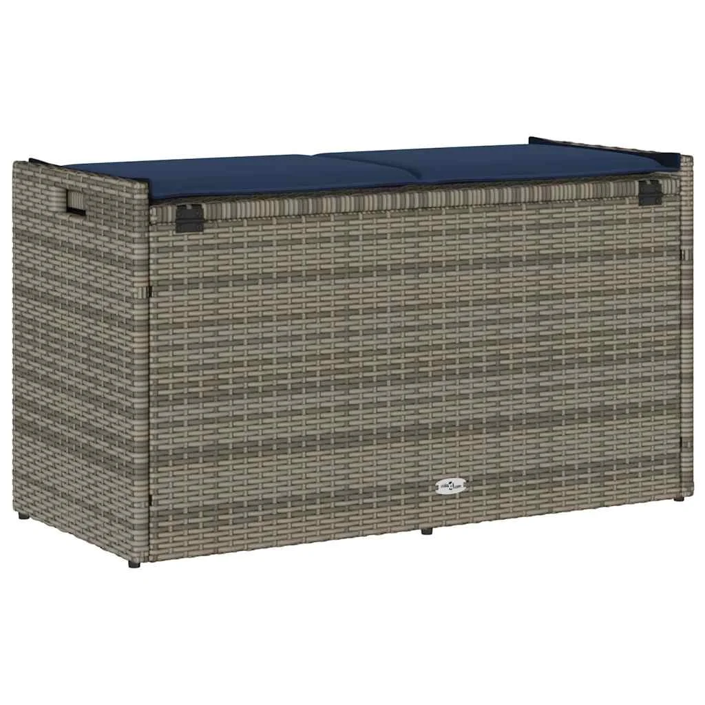 Szürke polyrattan kültéri tárolópad párnával 100 cm
