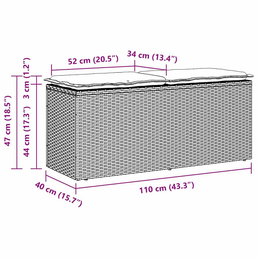 Bézs polyrattan kerti pad párnával 110x40x44 cm