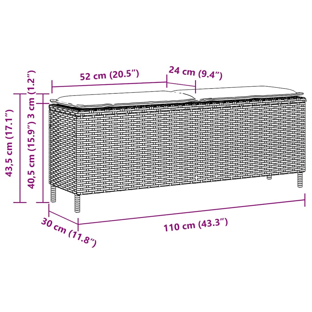 Fekete polyrattan kerti pad párnával 110x30x40,5 cm