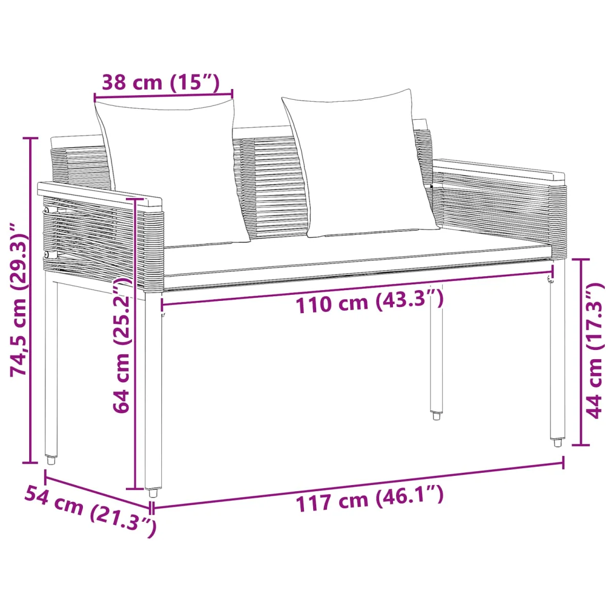 Kerti pad Szürke és sötétszürke 117 x 54 x 74.5 cm polirattan