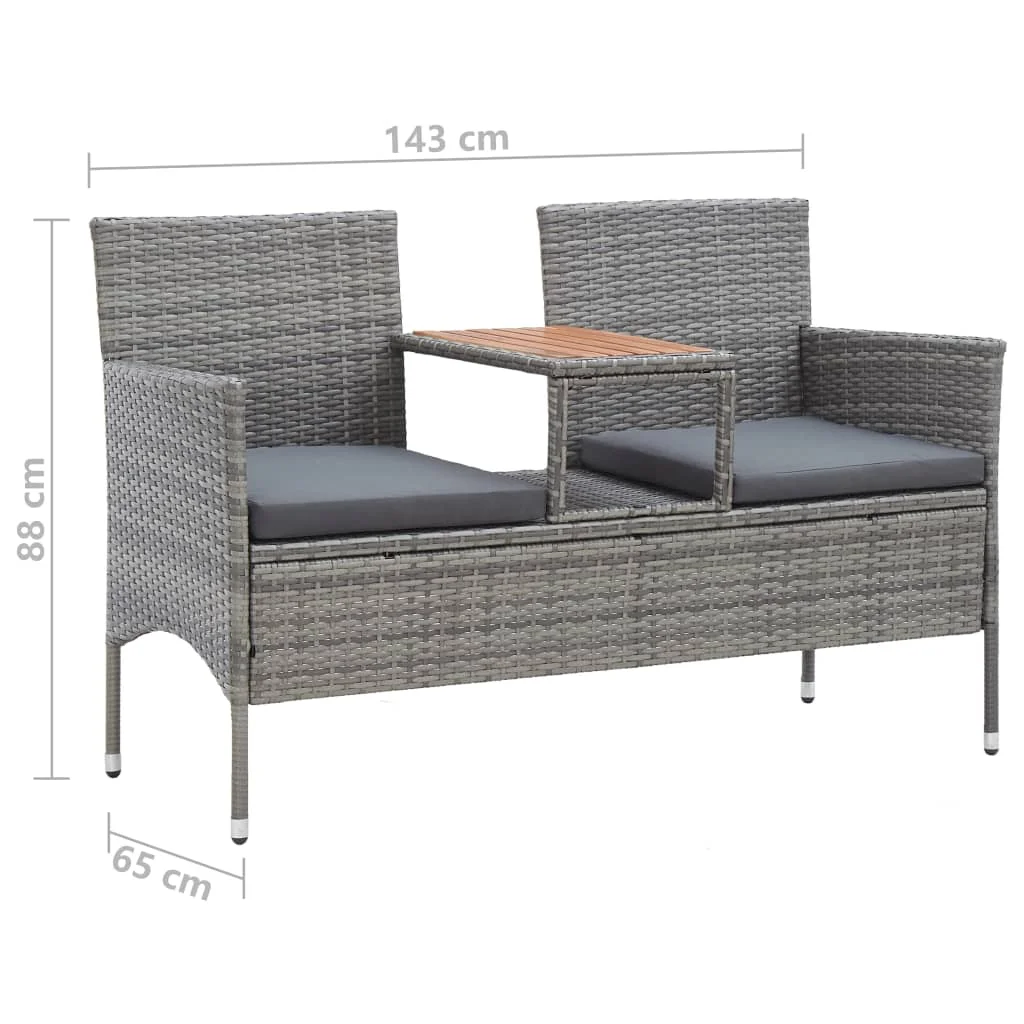 Kétszemélyes szürke polyrattan kerti pad teázóasztallal 143 cm