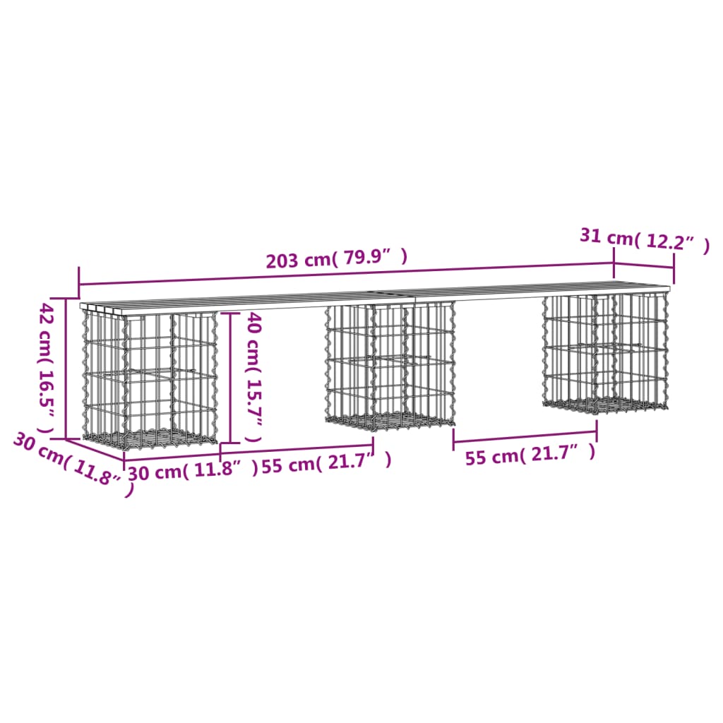 Tömör fenyőfa gabion kerti pad 203x31x42 cm