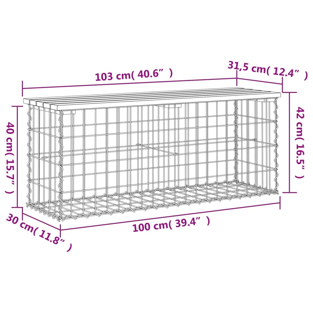 Impregnált fenyőfa gabion kerti pad 103 x 31,5 x 42 cm