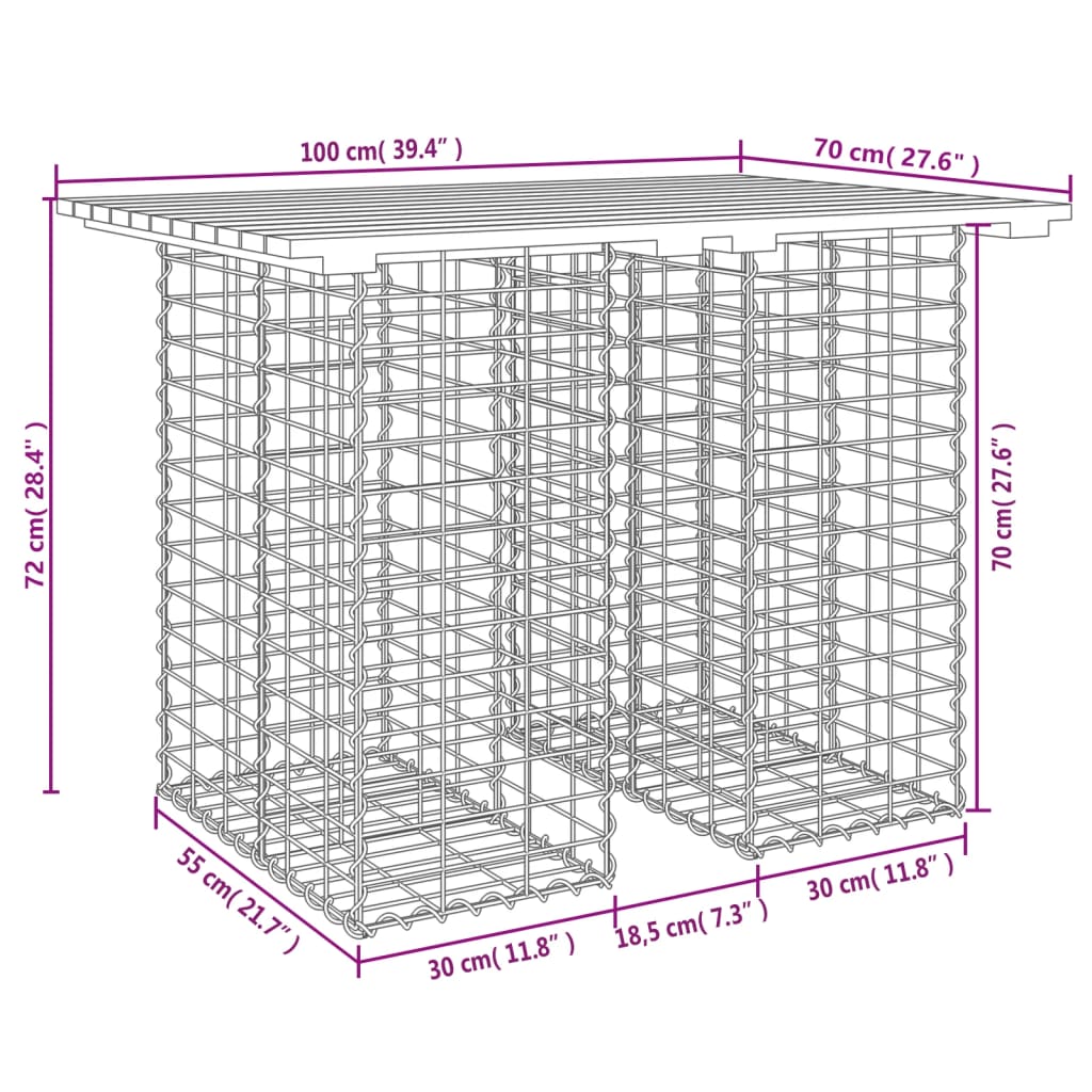 Tömör fenyőfa gabion kerti pad 100x70x72 cm