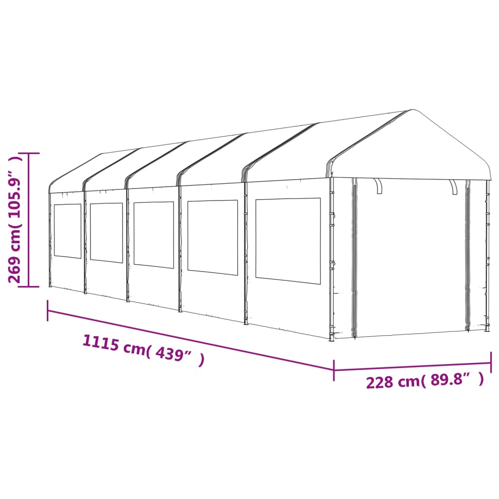 Fehér polietilén pavilon tetővel 11,15 x 2,28 x 2,69 m