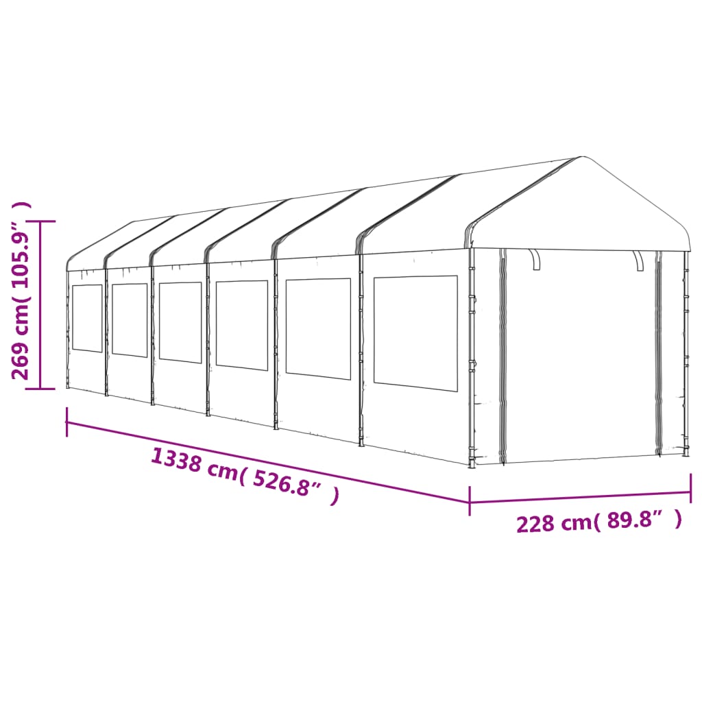 Fehér polietilén pavilon tetővel 13,38 x 2,28 x 2,69 m