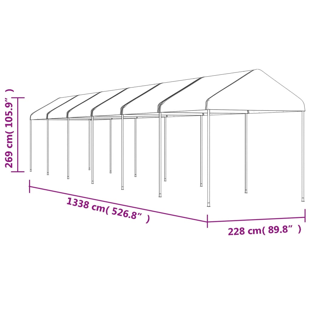 Fehér polietilén pavilon tetővel 13,38 x 2,28 x 2,69 m