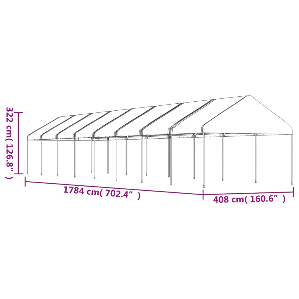 Fehér polietilén pavilon tetővel 17,84 x 4,08 x 3,22 m