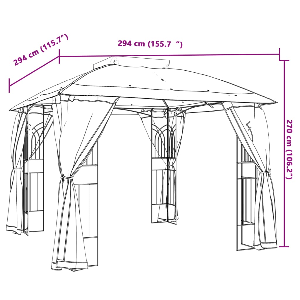 Tópszínű acél dupla tetős pavilon hálós falakkal 2,94 x 2,94 m