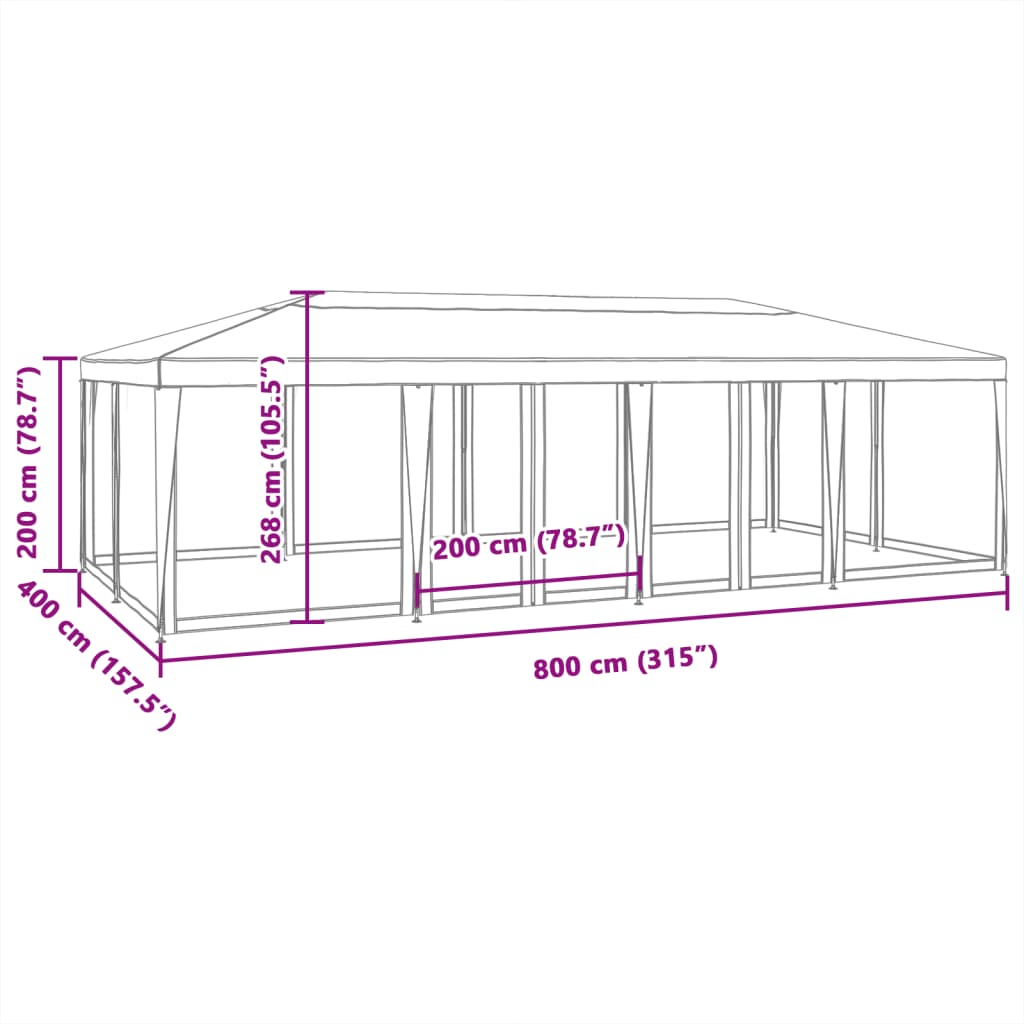 Fehér HDPE rendezvénysátor 12 hálós oldalfallal 8 x 4 m