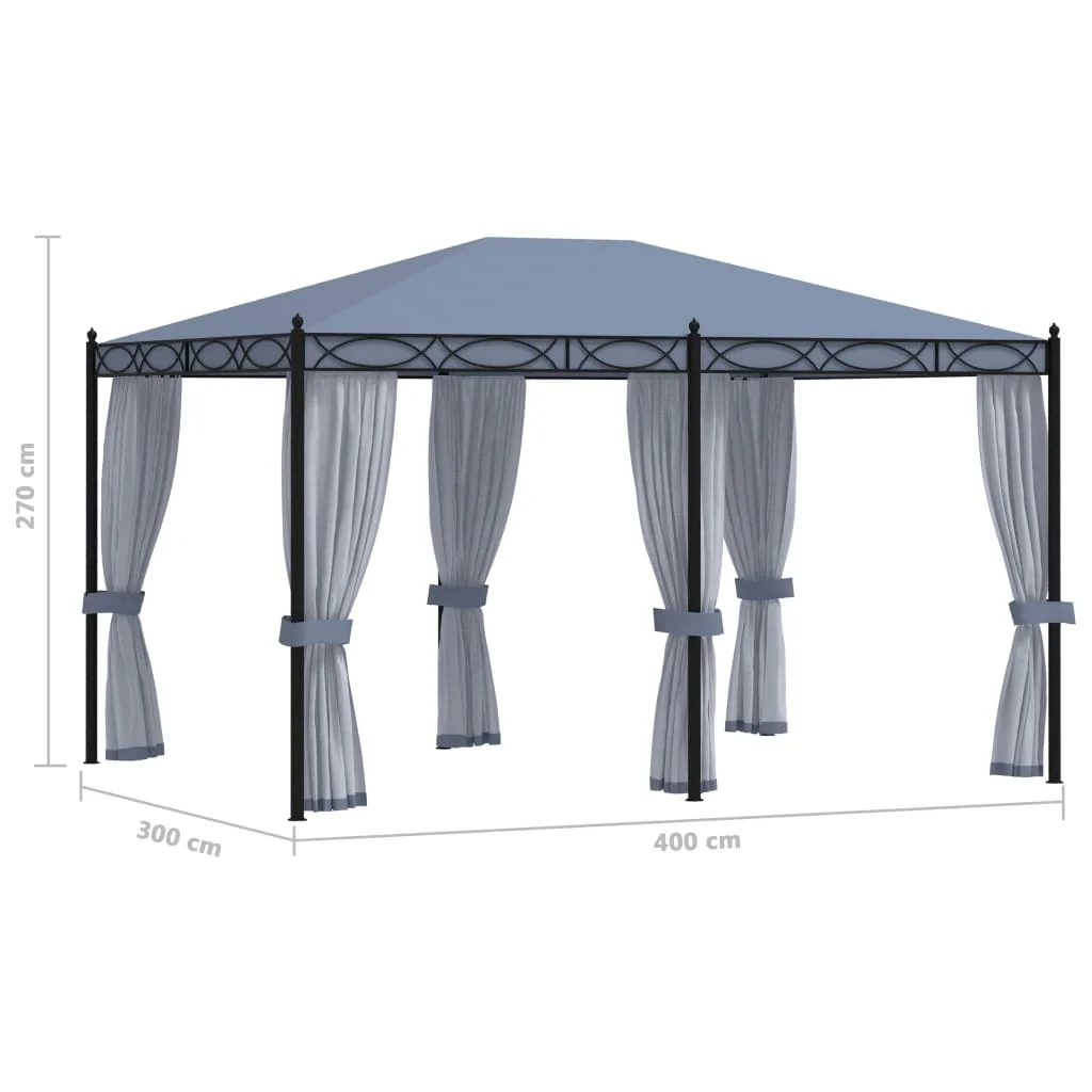Antracitszürke acélpavilon szúnyoghálóval 3 x 4 m