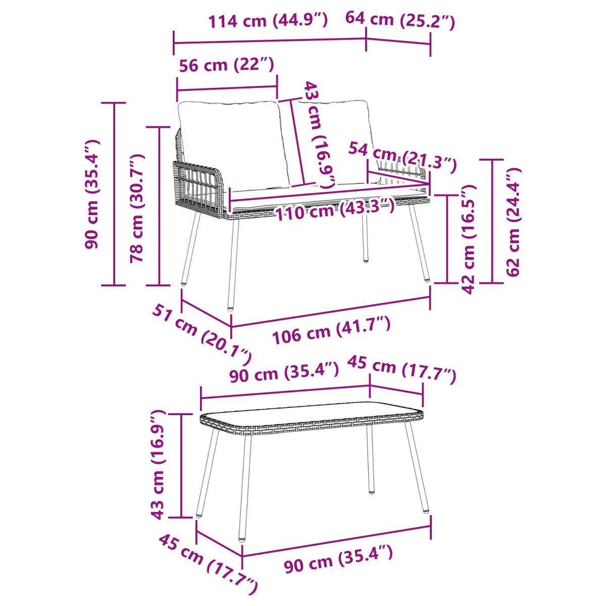 2 darabos kertibútor készlet párnákkal, természetes poli rattan