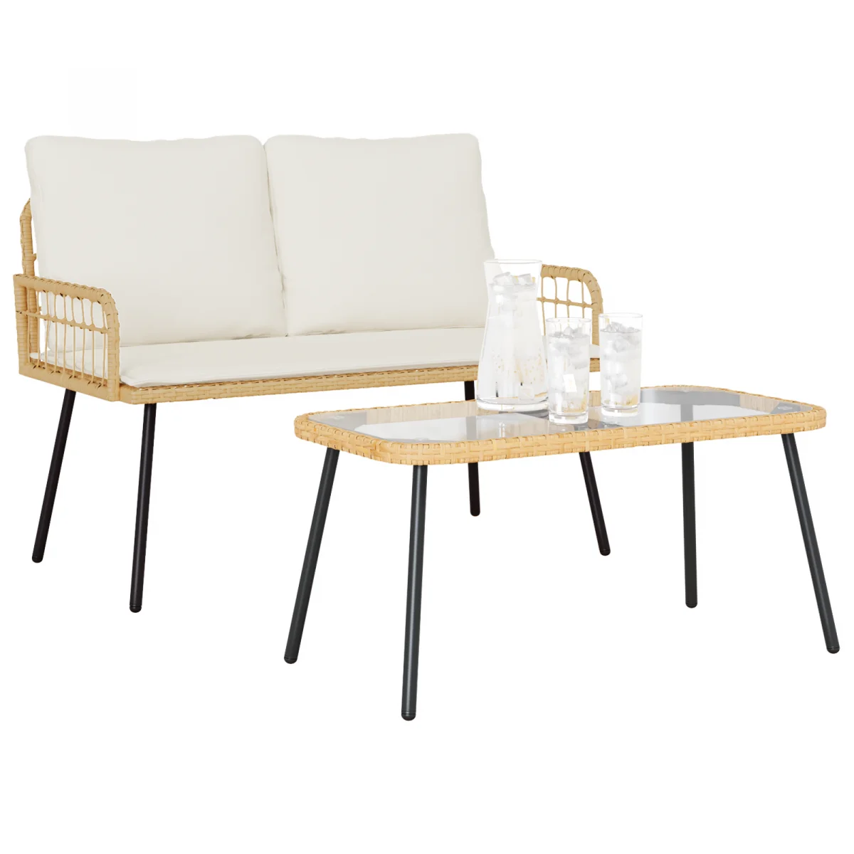 2 darabos kertibútor készlet párnákkal, természetes poli rattan