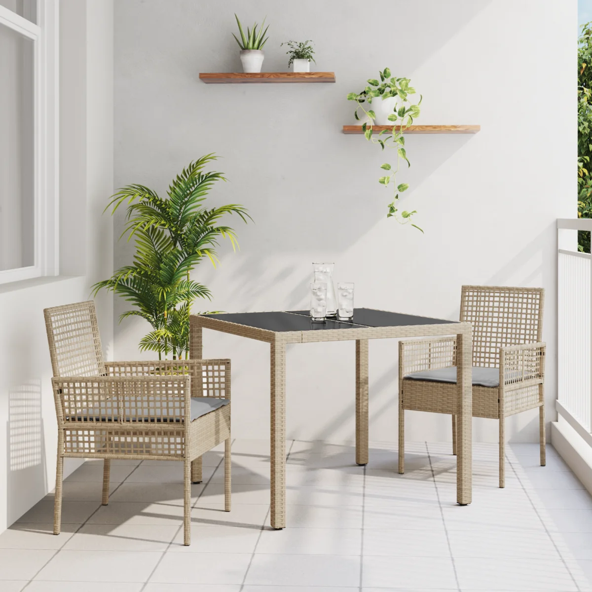 3 darabos Kültéri Étkezőasztal Szett Párnákkal Bézs Poly Rattan