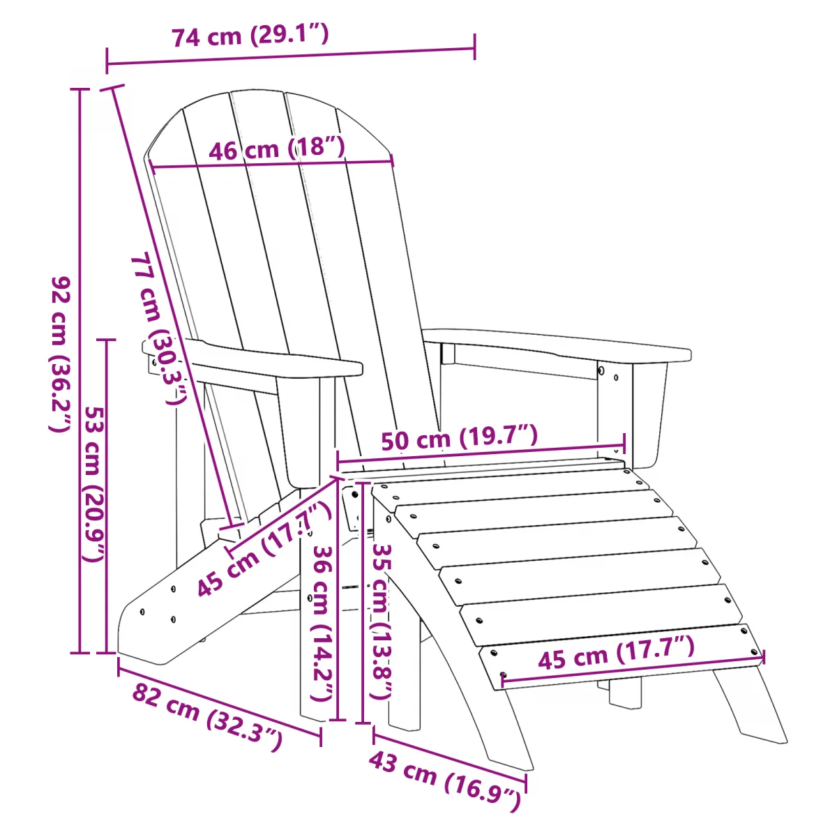 Adirondack szék lábtartókkal 2 db Tengerészkék HDPE