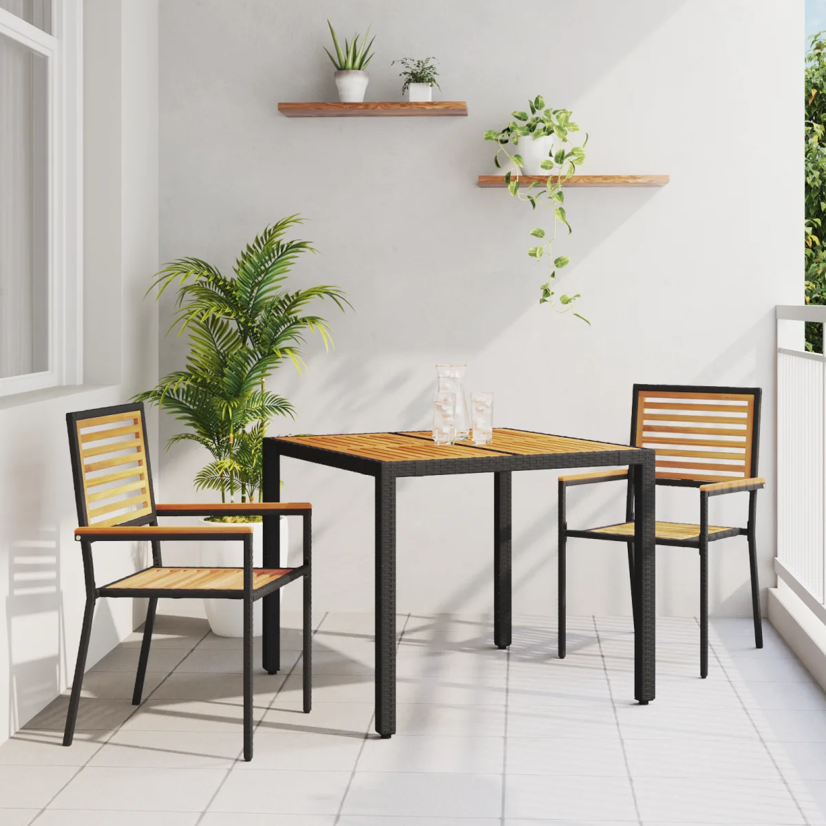 3 darabos Kerti Étkező Szett Fekete Poly Rattan Akácia