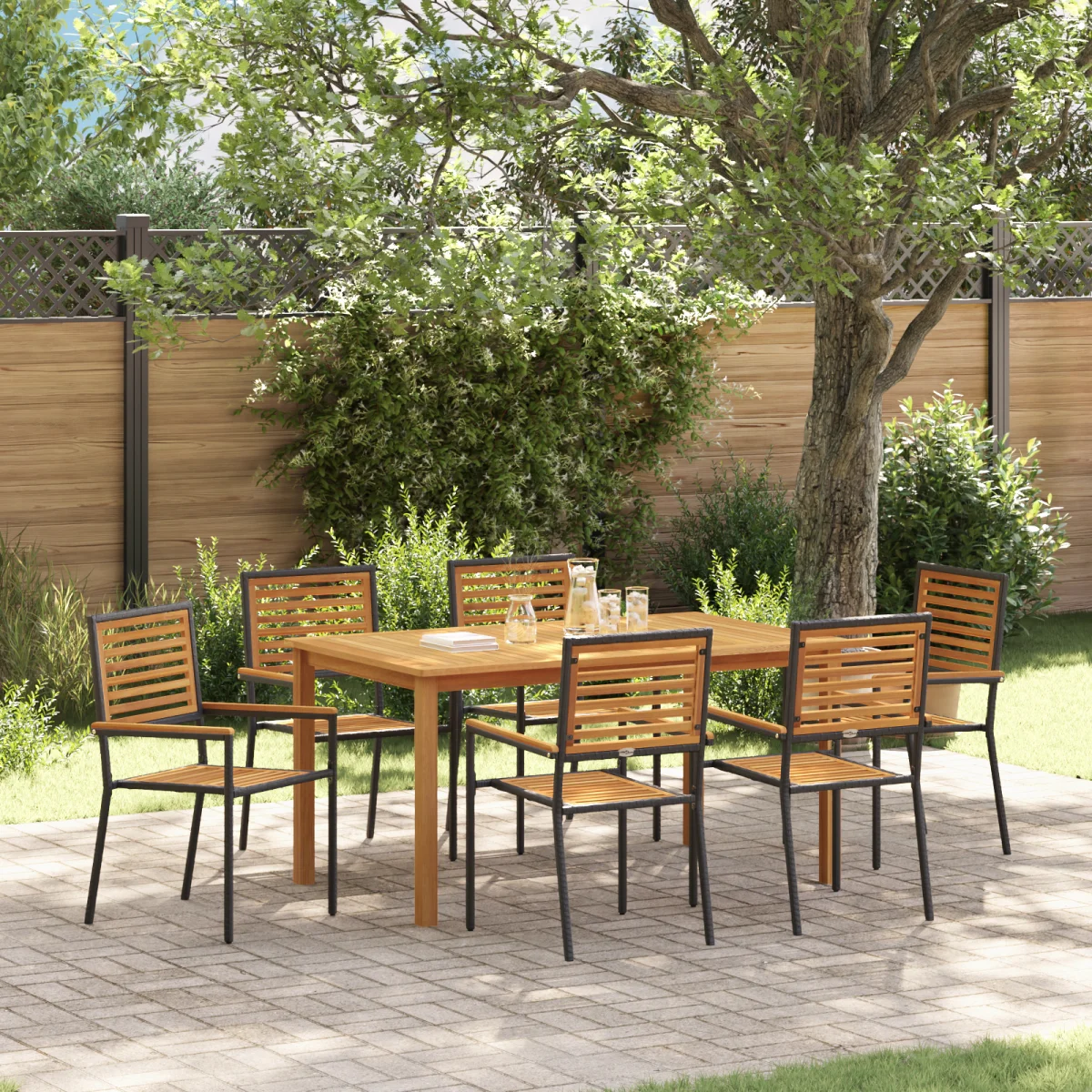 7 részes kert étkező szett fekete polyrattan akáciával