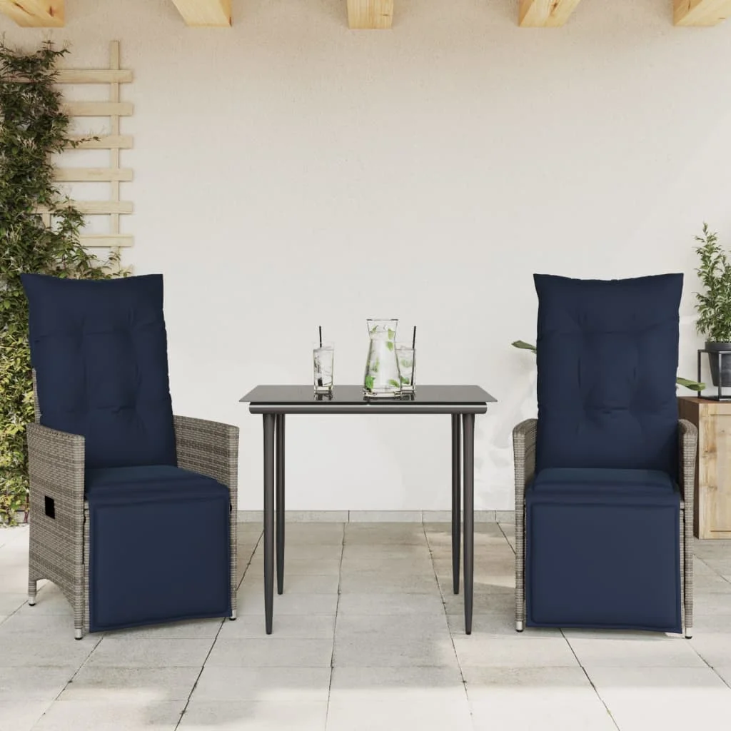 2 db szürke polyrattan dönthető kerti szék párnákkal