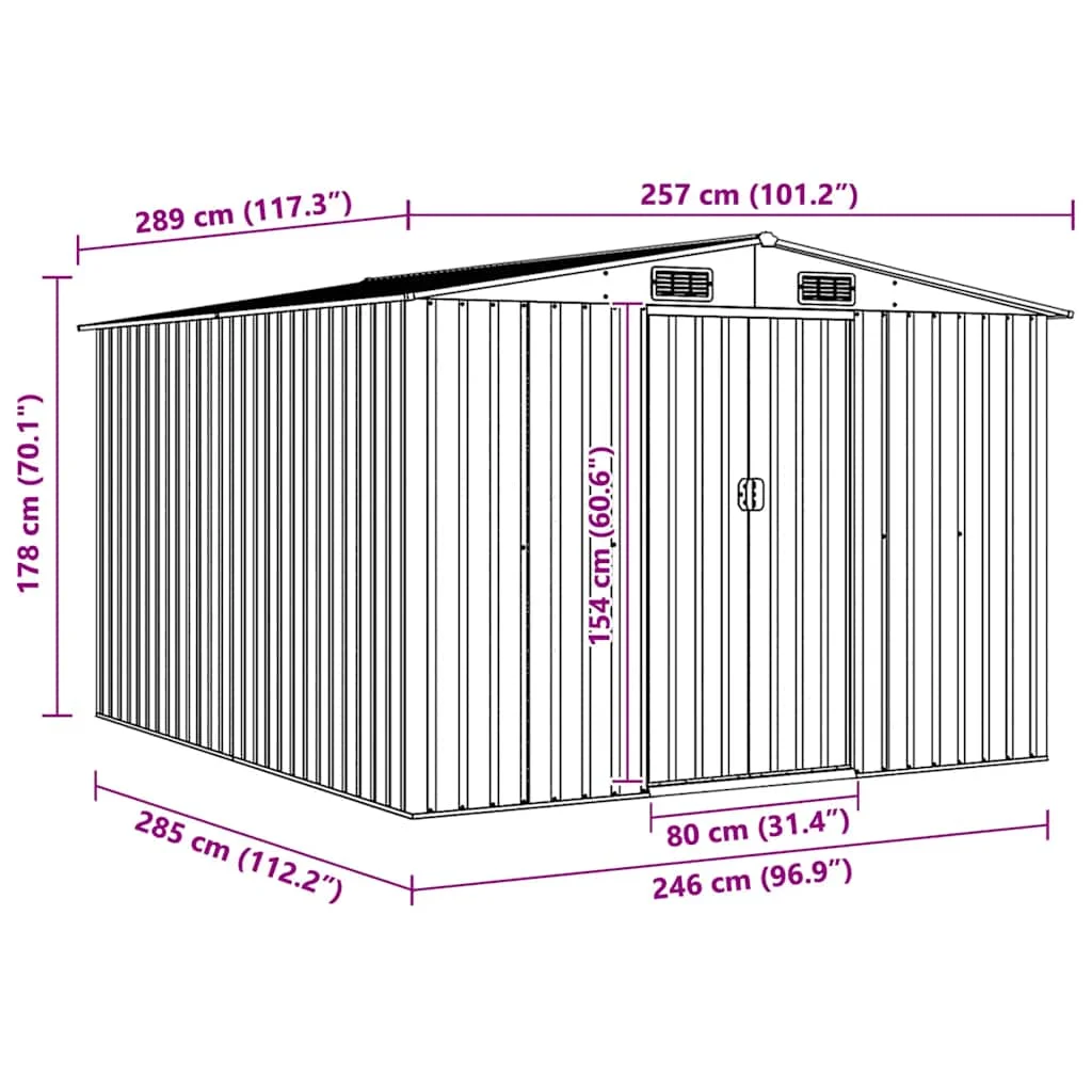 Antracitszürke fém kerti fészer 257 x 298 x 178 cm