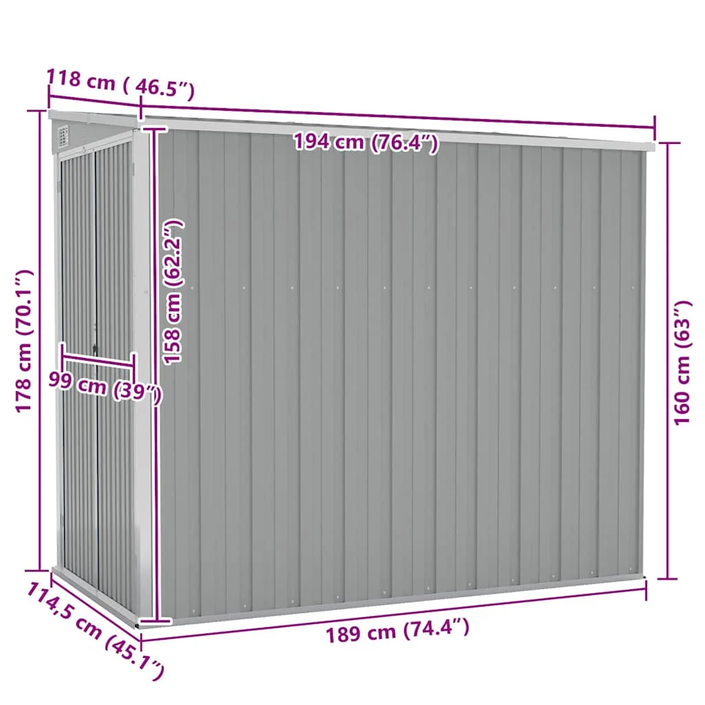 Szürke acél falhoz erősíthető kerti fészer 118 x 194 x 178 cm
