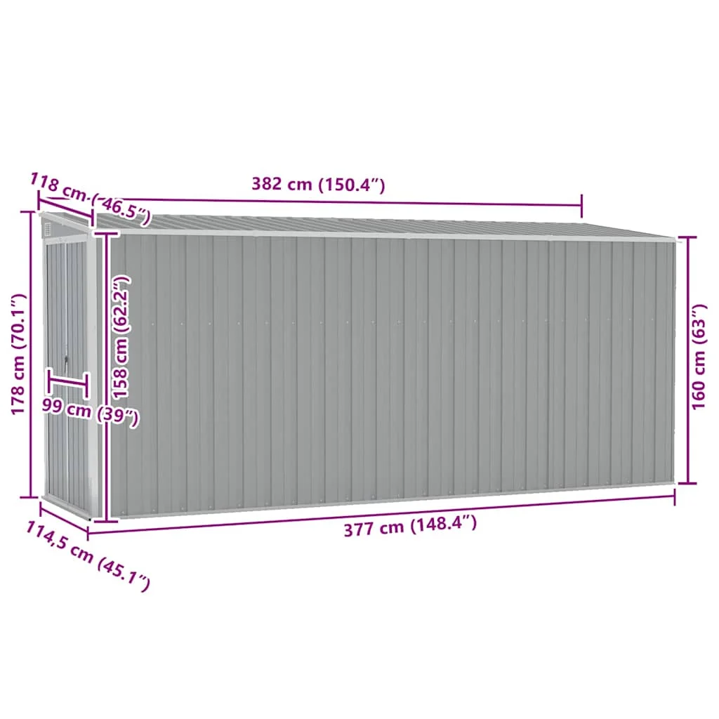 Szürke acél falhoz erősíthető kerti fészer 118 x 382 x 178 cm