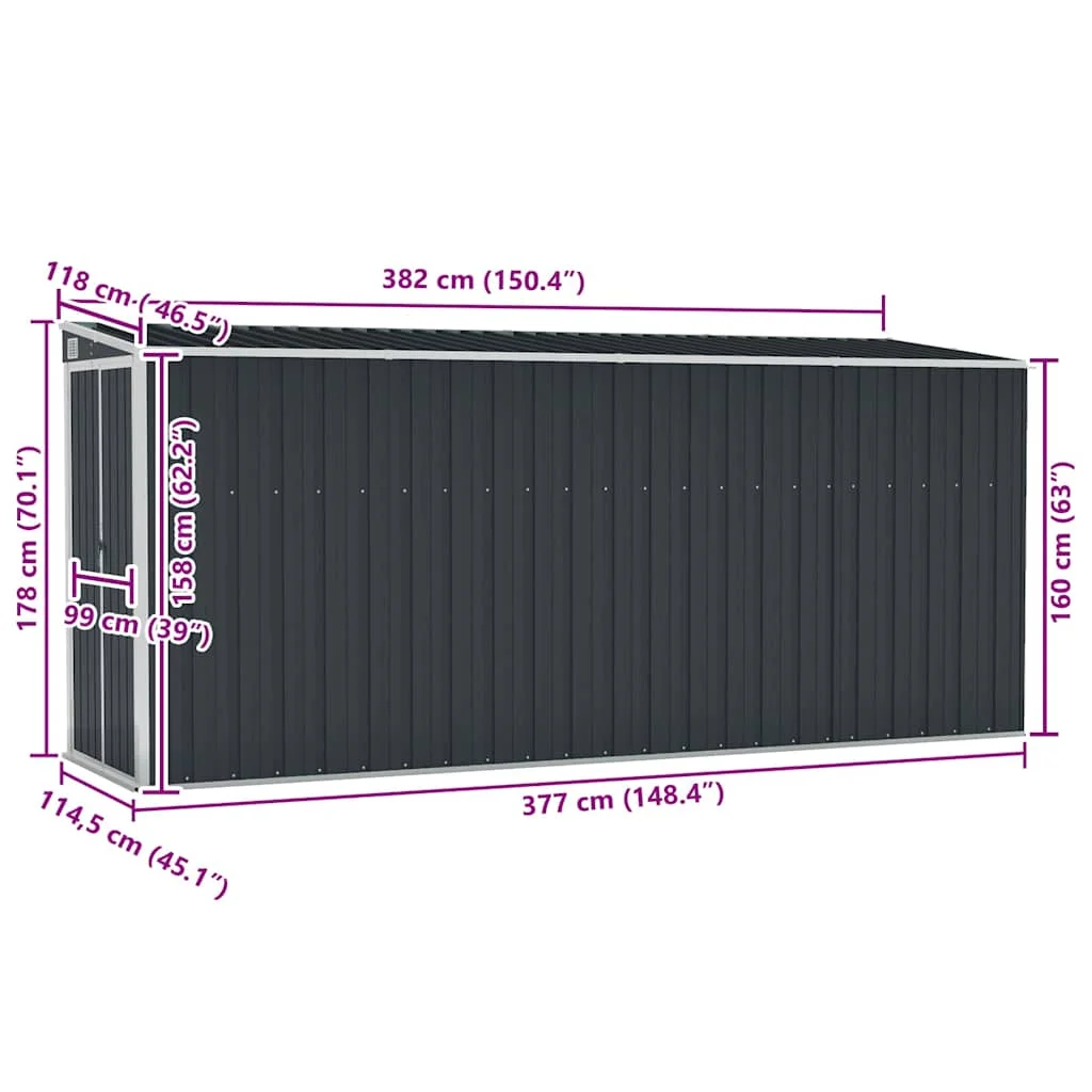 Antracitszürke acél falhoz erősíthető fészer 118 x 382 x 178 cm