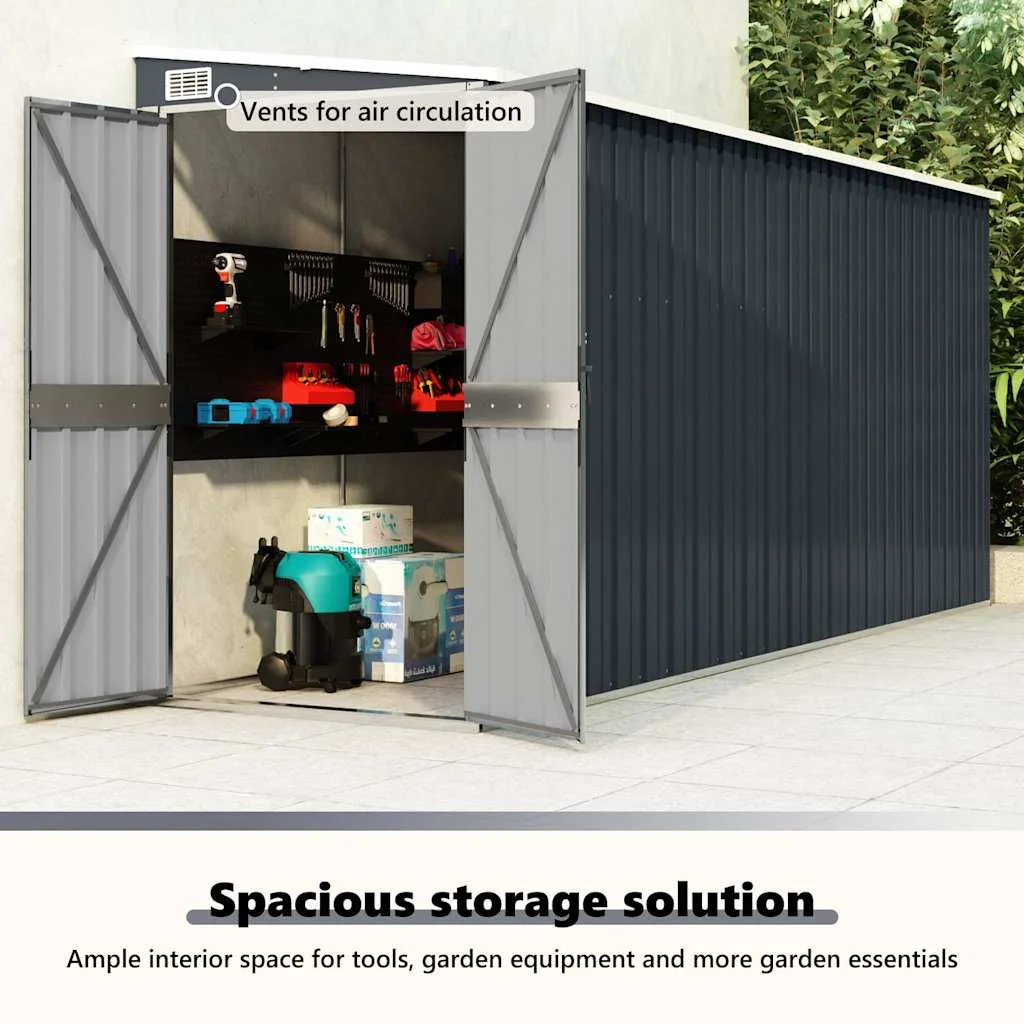 Antracitszürke acél falhoz erősíthető fészer 118 x 382 x 178 cm