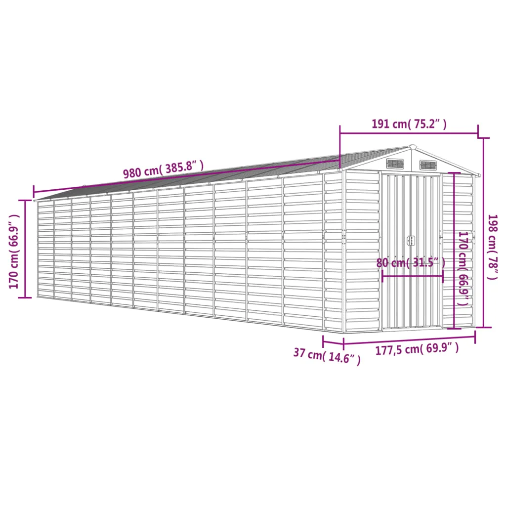 Zöld horganyzott acél kerti fészer 191 x 980 x 198 cm