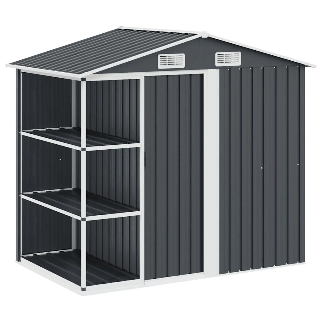 Antracitszürke vas kerti fészer állvánnyal 205 x 130 x 183 cm