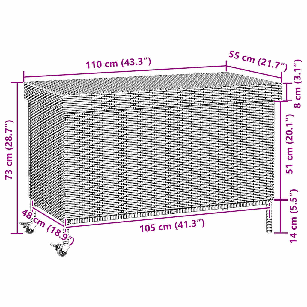 Fekete polyrattan kerti tárolóláda kerekekkel 110x55x73 cm