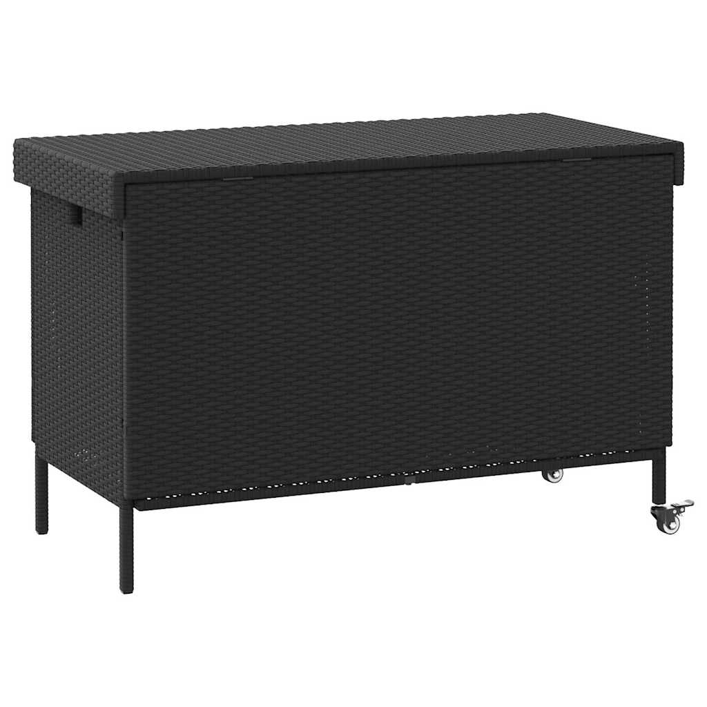 Fekete polyrattan kerti tárolóláda kerekekkel 110x55x73 cm