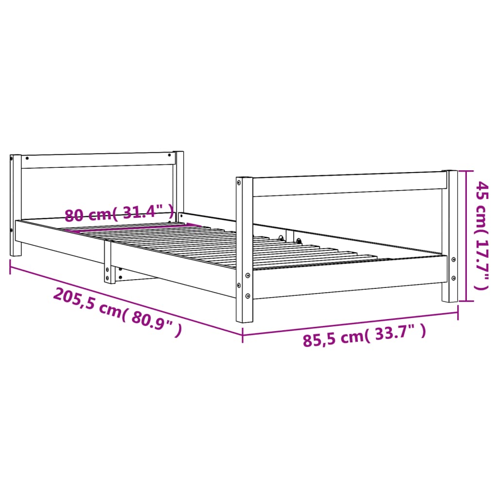 Fekete gyerek tömör fenyőfa ágykeret 80 x 200 cm