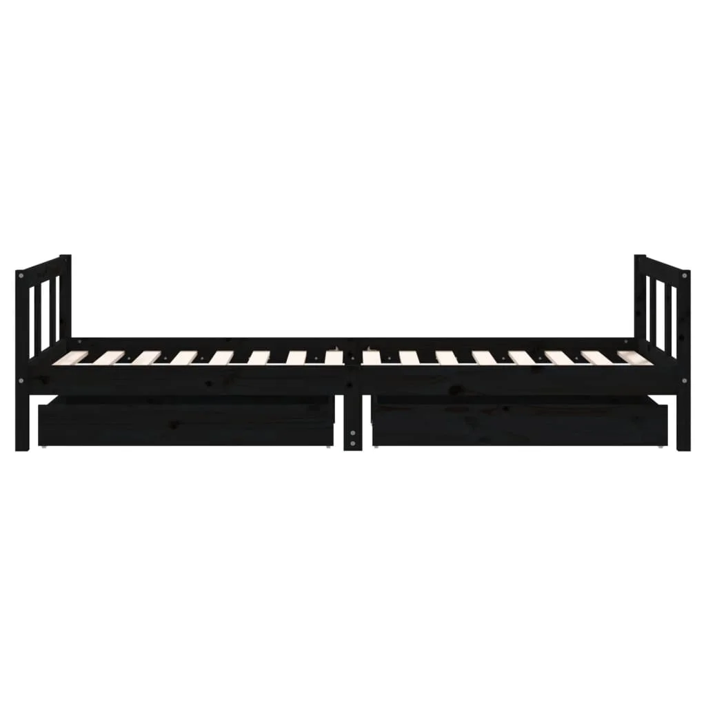 Fekete tömör fenyőfa gyerekágykeret fiókokkal 90 x 200 cm