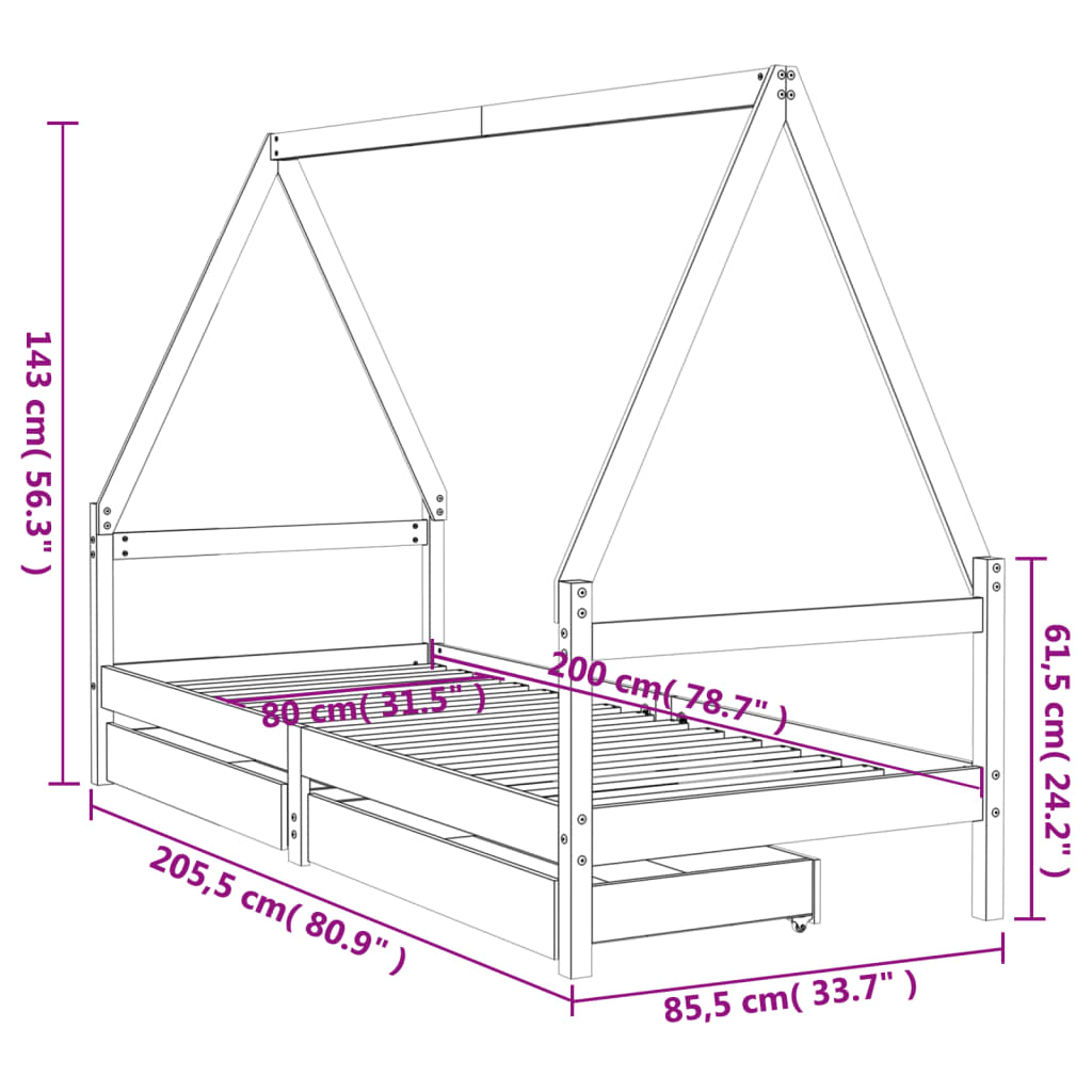 Fekete gyerek tömör fenyőfa ágykeret fiókokkal 80 x 200 cm