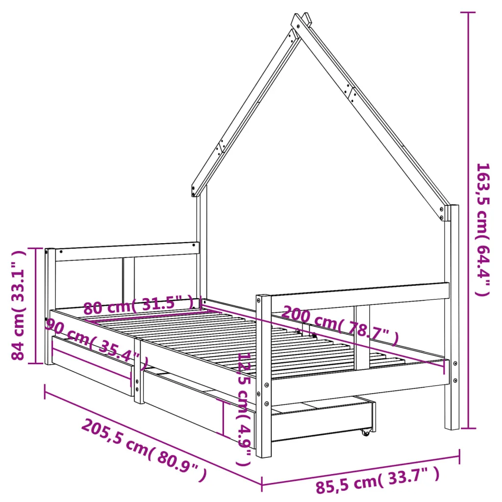 Fekete tömör fenyőfa gyerekágykeret fiókokkal 80 x 200 cm