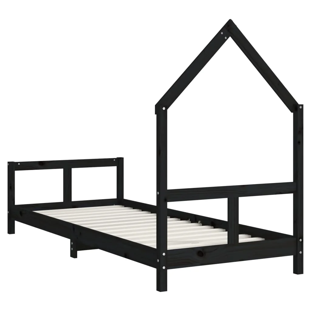Fekete tömör fenyőfa gyerekágykeret 80 x 200 cm