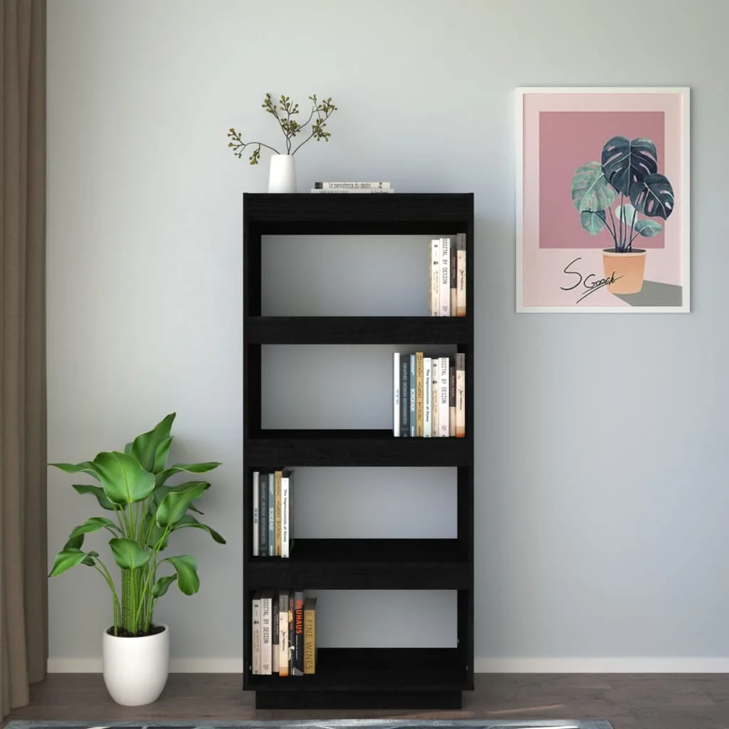 Fekete tömör fenyőfa könyvszekrény/térelválasztó 60x35x135 cm 